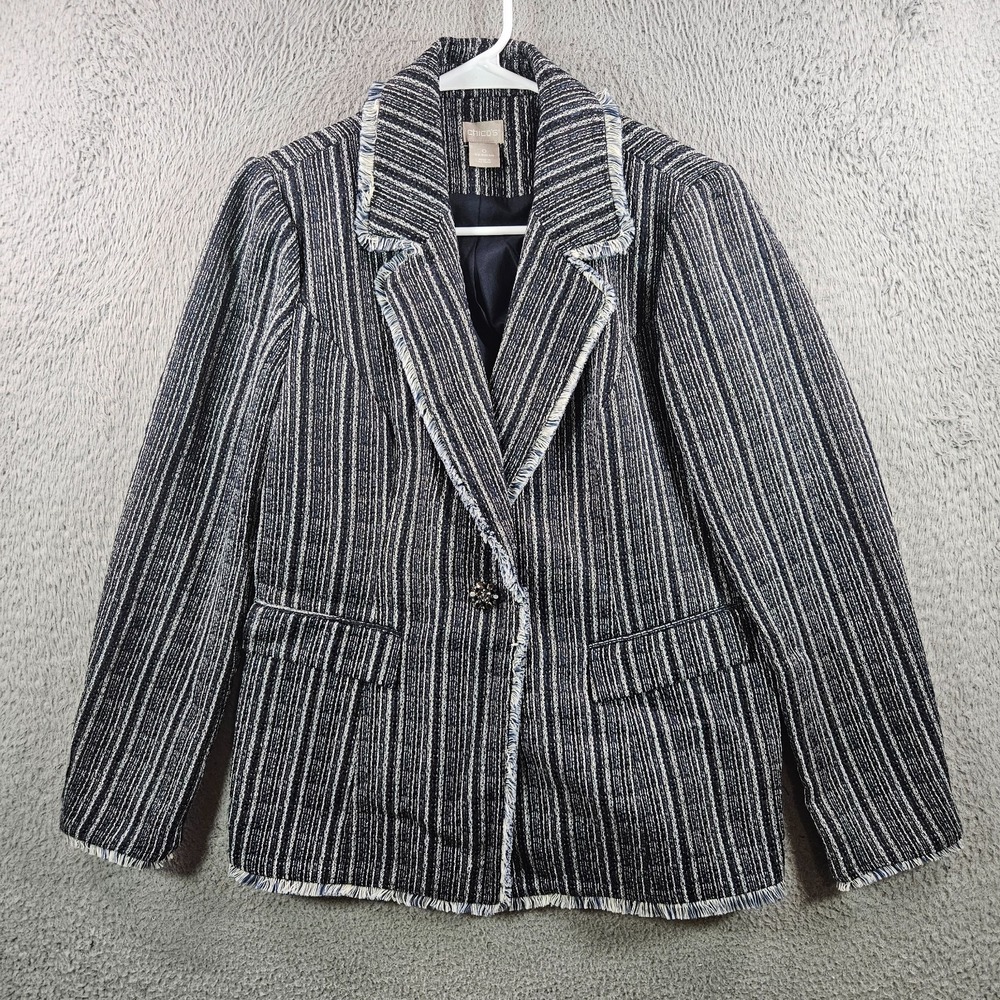 Chico's Tweed Blazer Jacket Suit Size 0 US 4 6 Rhinestone Button Glitter Navy